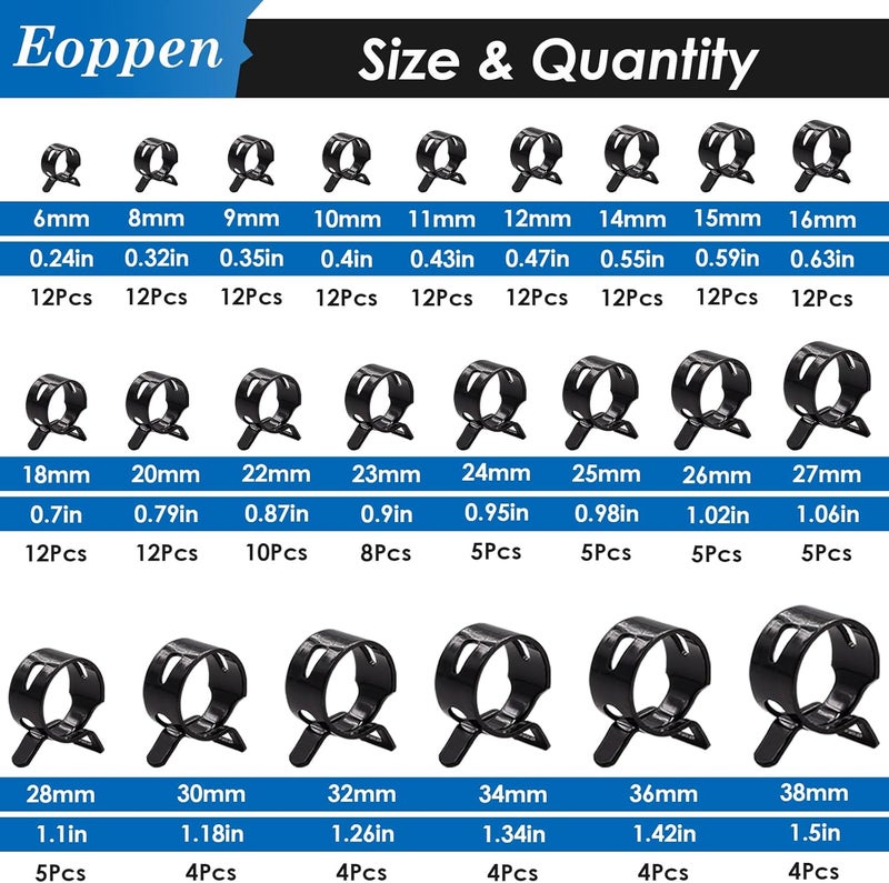 Eoppen 195Pcs 6-38mm Spring Hose Clamps Assortment Kit with Swivel Flat Band Fuel Hose Clamp Plier - 23 Sizes Fuel Line Silicone Vacuum Hose Low Pressure Air Clamps - Image 4